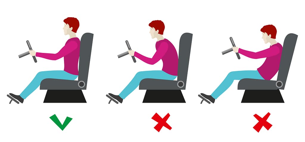 Posturas sentadas correctas y malas para el conductor. Hombre sentado en silla correcta. Saludable postura correcta para el conductor.