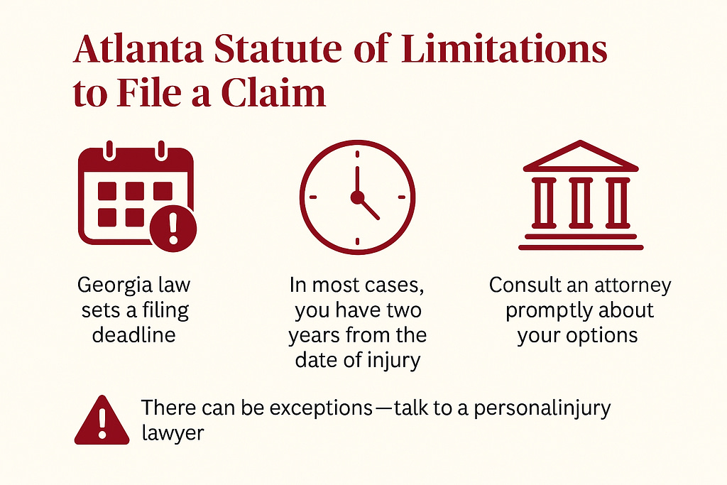 Georgia wrongful death statute of limitations infographic: 2 years from death, tolling possible during criminal proceedings, special rules for minors and estates.