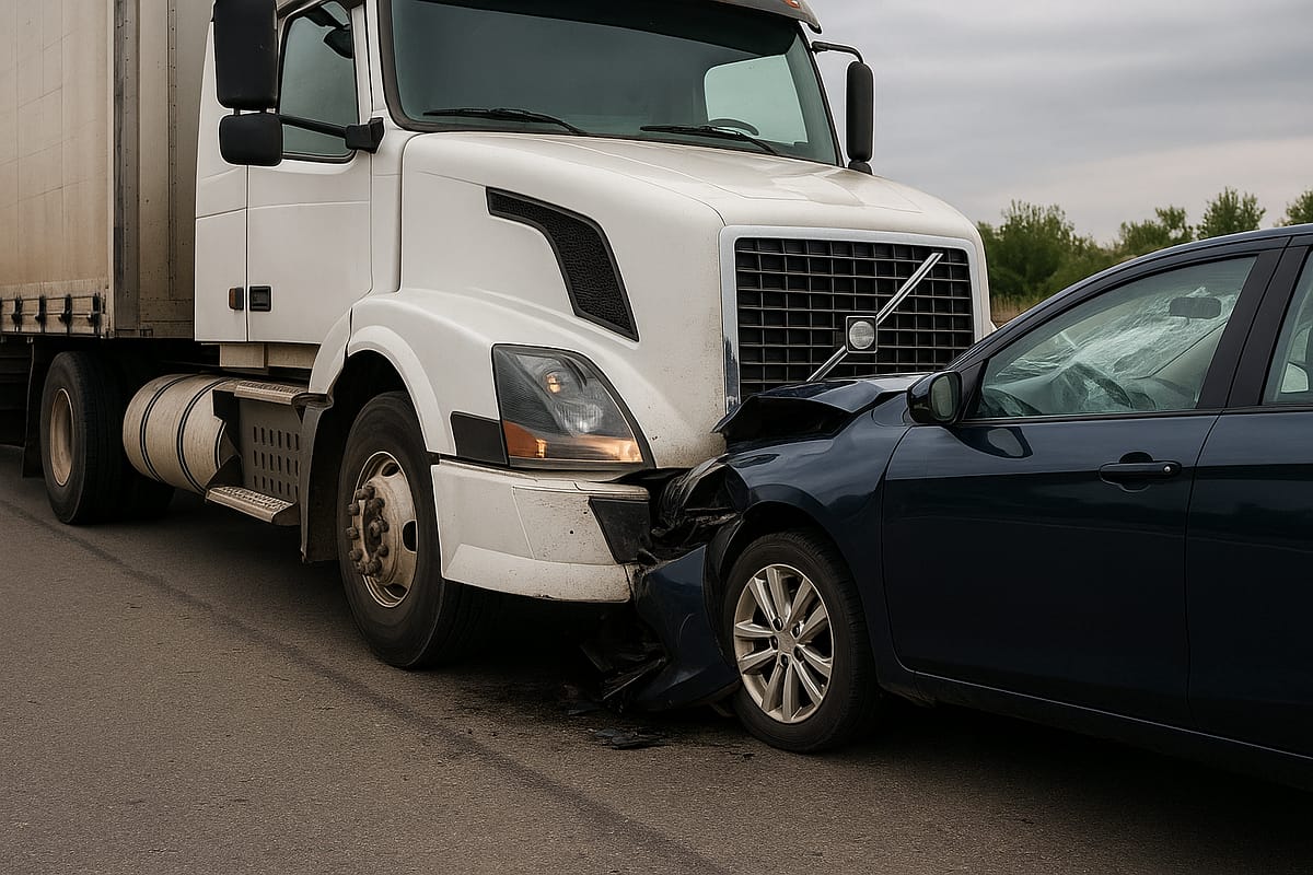 Atlanta Truck Accident Lawyer Guide: 18-Wheeler Crash Claims Explained 2 White semi-truck and dark sedan collide on an Atlanta highway, showing front-end damage and deployed airbags. - Thompson Law Atlanta Truck Accident Lawyers