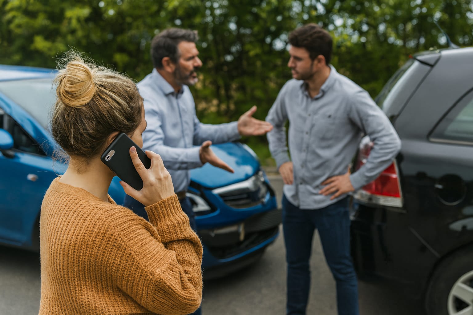 Drivers arguing after a car accident, illustrating a 50/50 insurance claim dispute.