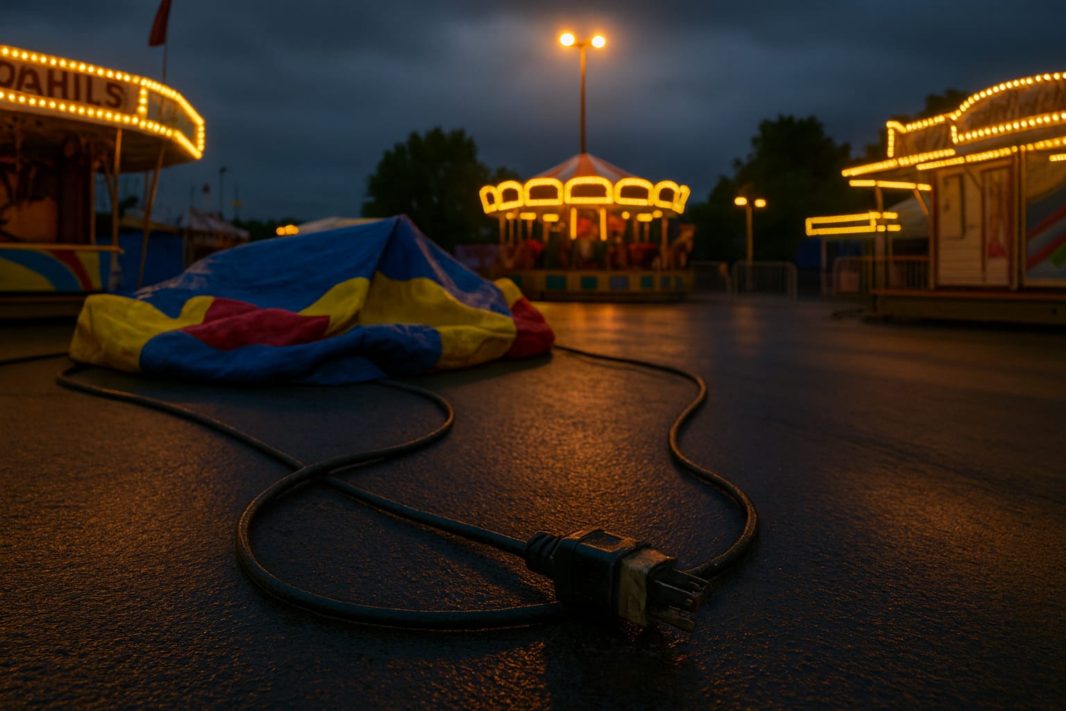 Exposed electrical cables running across the ground at a carnival, creating a public tripping hazard.