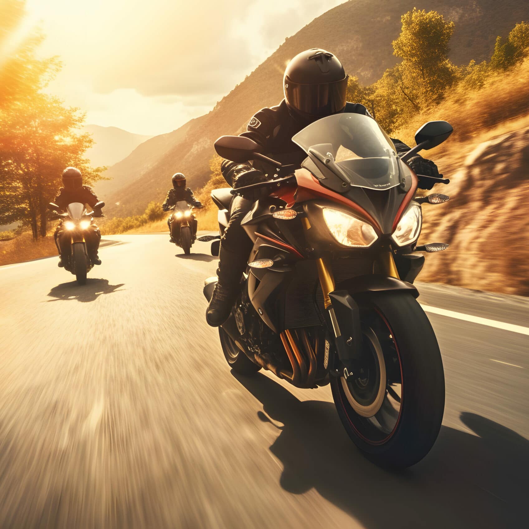 group of motorcycle riders riding toghether at sunset ai generated art.