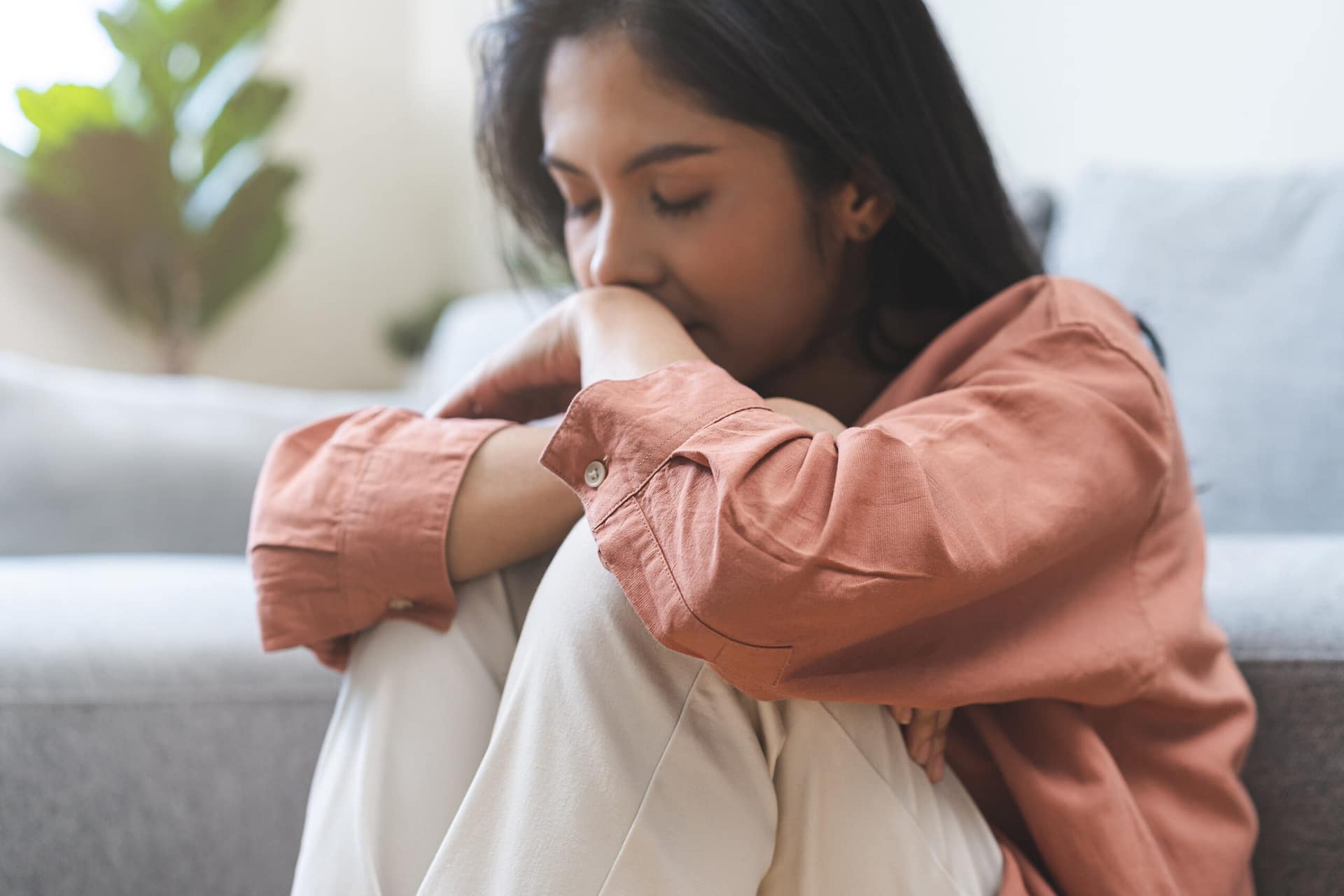 Sad, unhappy. Alone young woman, girl expression face thin.