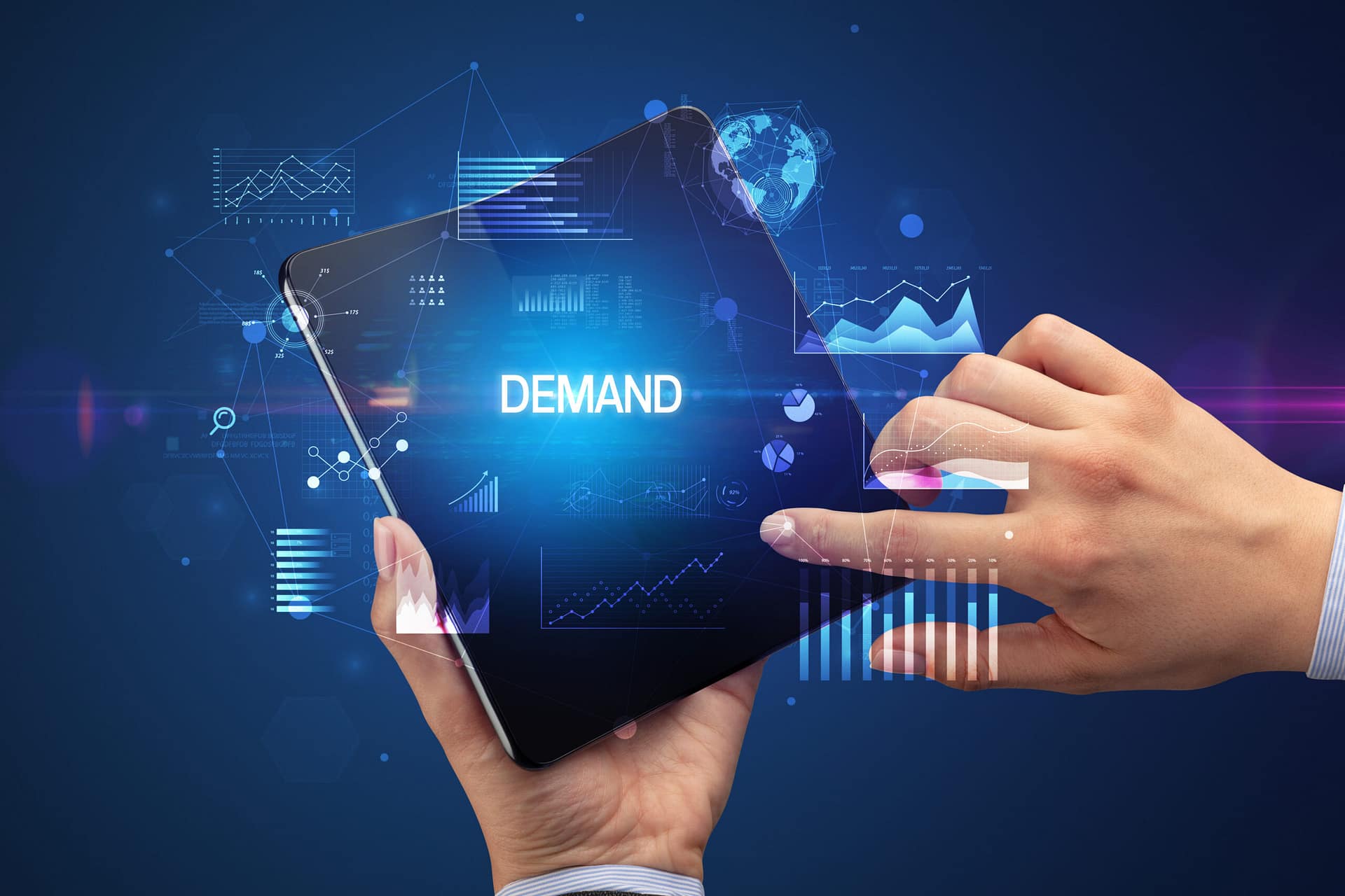Businessman holding a foldable smartphone with DEMAND inscription