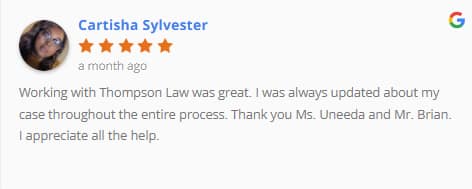5-star Google review from Cartisha Sylvester: “Always updated about my case—thank you Ms. Uneeda and Mr. Brian.”