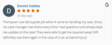 5-star Google review from Daniel Valdez: “Brian kept me updated and got me squared away—would use again after a car accident.”