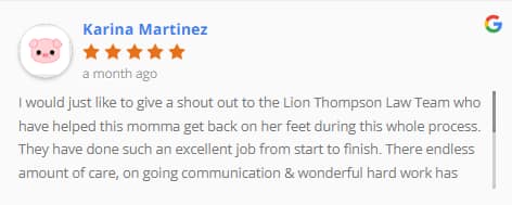 5-star Google review from Karina Martinez praising Thompson Law’s care, communication, and hard work throughout her case.