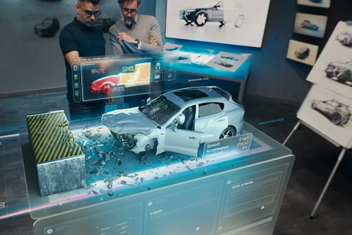 What Happens After a Car Accident With No Police Report? 3 Two engineers Developers standing in design studio near futuristic holographic table and make a test in a 3d car crash test simulator, which simulates a road accident check the safety