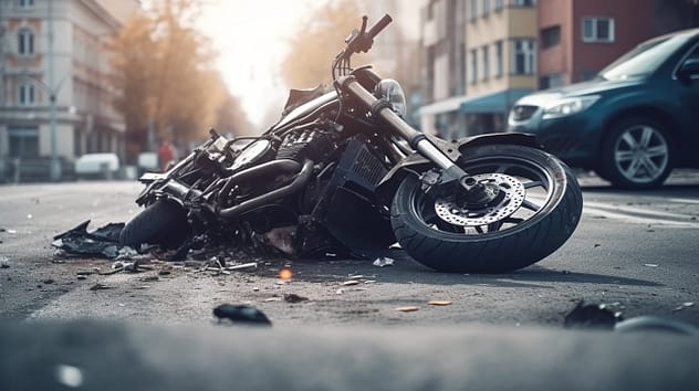 Fragments of a broken motorcycle on the pavement. Generative AI illustrator. Irving Motorcycle Accident Lawyers