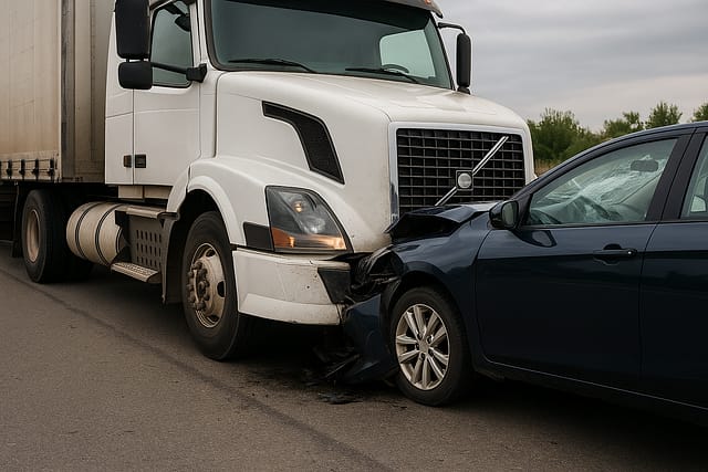 Who Is Liable in an 18-Wheeler Accident? (Trucking Company, Driver, or Maintenance Crew?) 4 White semi-truck and dark sedan collide, showing front-end damage and deployed airbags.