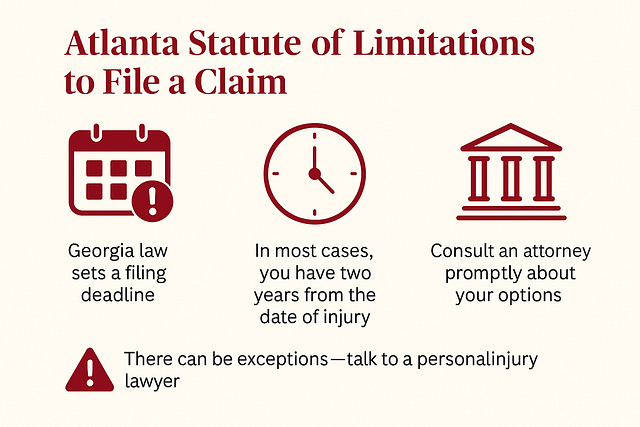 Infographic explaining Georgia’s statute of limitations for personal injury claims. Shows main deadline of two years from the date of injury under O.C.G.A. §9-3-33, with exceptions for government claims (6–12 months), wrongful death (2 years with possible tolling), and minors or disabled plaintiffs (tolling until disability ends or age 18). Includes warning banner and free case review contact for Atlanta personal injury lawyers.