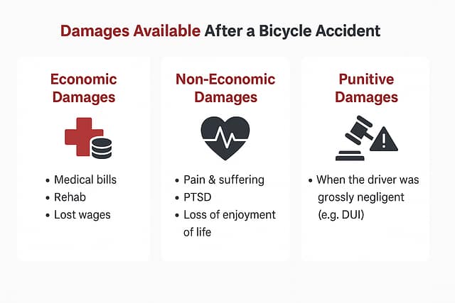 Infographic showing types of compensation after an Atlanta bicycle accident: medical bills, lost income, property damage, pain and suffering, and long-term impacts.