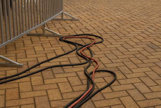 Exposed cables on a public walkway representing hazards that may lead to trip-and-fall claims and answer the question, can I sue for tripping over cables or wires in public?