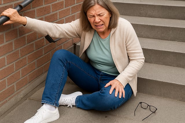 Can You Sue for Injuries Caused by Loose Handrails? 2 Woman injured in a stairwell accident caused by a loose handrail, highlighting when you can sue for injuries caused by loose handrails.