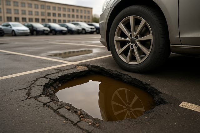 Are Business Owners Liable for Parking Lot Potholes? 4 Are business owners liable for parking lot potholes shown with a car parked beside a large water-filled pothole in cracked asphalt.