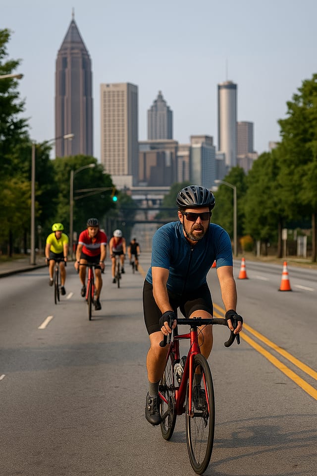 Cyclists riding in downtown Atlanta, highlighting bicycle safety and traffic risks.