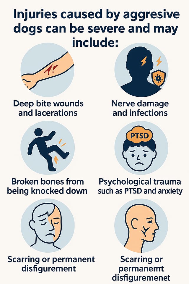 California Dog Bite Laws: What Victims and Owners Need to Know 3 Infographic of injuries caused by aggressive dogs including bite wounds, nerve damage, broken bones, PTSD, and permanent disfigurement. Learn more about California dog bite laws.