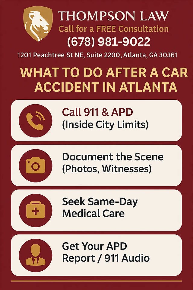 Infographic: What to do after a car accident in Atlanta – APD reporting, medical steps, and evidence checklist.