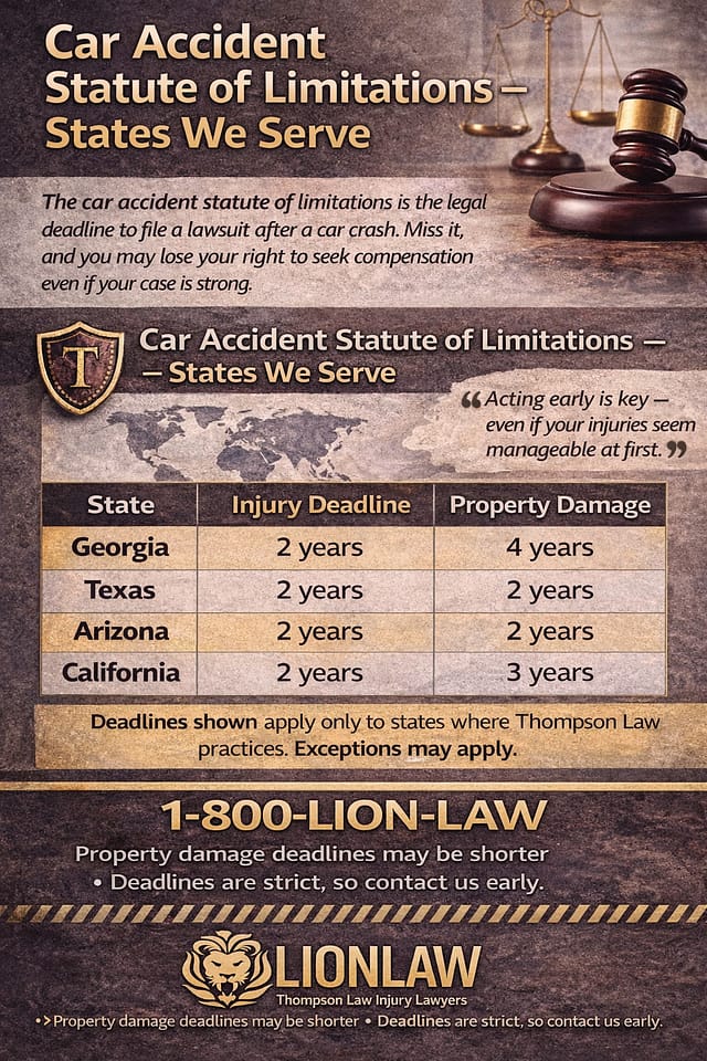 Car Accident Statute of Limitations by State 2 Infographic showing car accident statute of limitations for Georgia, Texas, Arizona, and California, including injury and property damage filing deadlines.