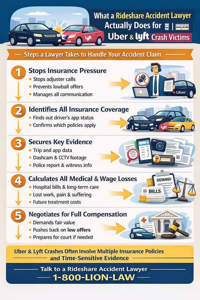 What a rideshare accident lawyer does for Uber and Lyft crash victims, including investigating the accident, identifying insurance coverage, and pursuing compensation