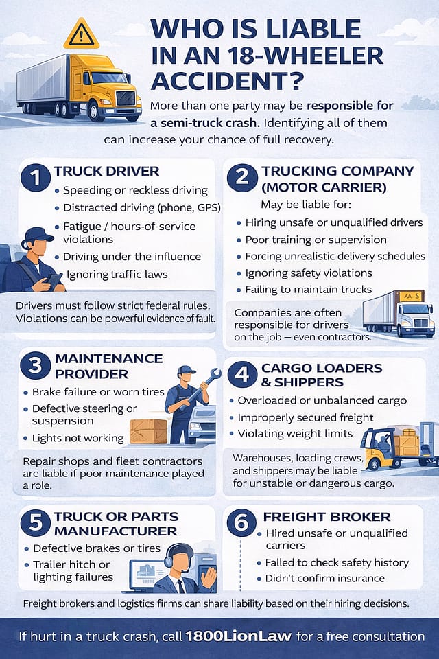 Who Is Liable in an 18-Wheeler Accident? (Trucking Company, Driver, or Maintenance Crew?) 2 Who may be liable in an 18-wheeler accident including the truck driver, trucking company, maintenance crew, cargo loaders, and manufacturers